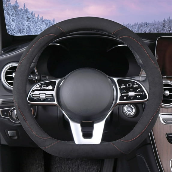 Soft Suede D Shape Steering Wheel Cover, Warm Steering Wheel Cover Fashion Universal 15 Inch, Black
