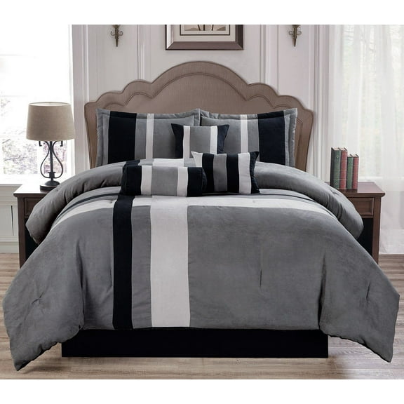 Best Linen 7 Piece Gray Micro Suede Comforter Bedding Set, King