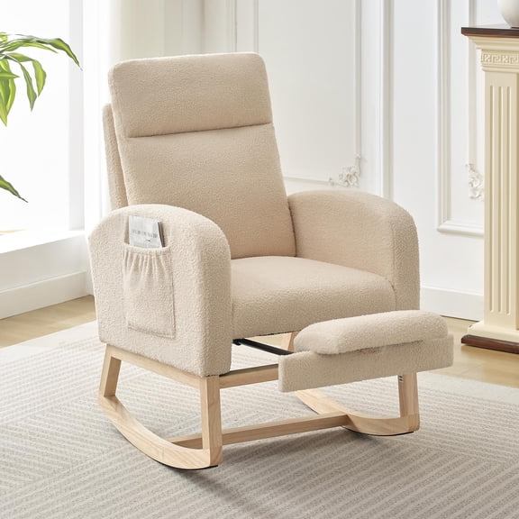 Soft Suede Upholstered Lounge Chair with Adjustable Footrest, Beige Glider Rocking Armchair with High Backrest