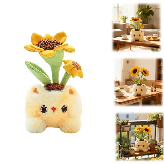 Soft Sunflower Plant Plush Toy, Stuffed Cat-Shaped Pot, Fluffy Kawaii Plushie for Kids 6.7 Inches