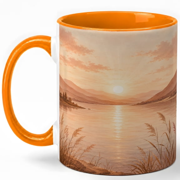 Soft Sunset Lake Coffee Mug, Warm Mountain Watercolor Landscape Design, 11 oz Ceramic Cup
