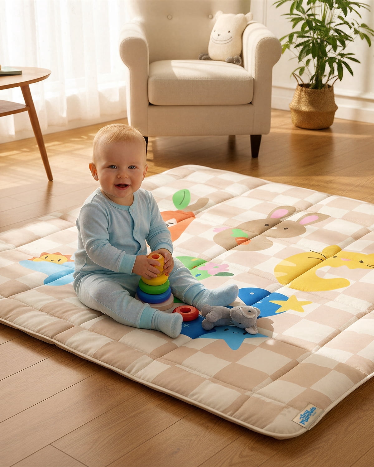 Tiny Marvels Baby Play Mat for Floor, Super Soft, Non-Slip, Fits 50x50 Playpen,Age_Group 0-5 Years (Sand Checks)