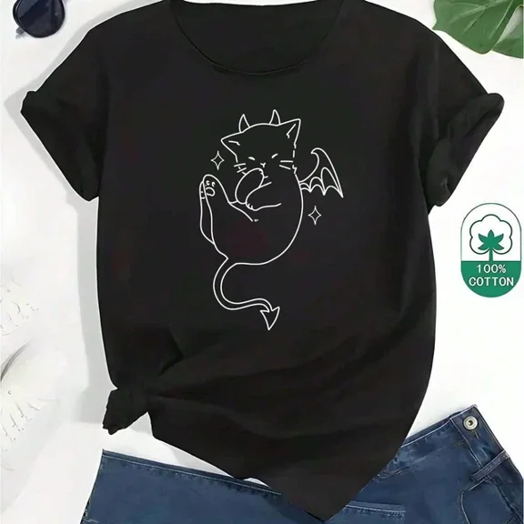 Soft T-Shirt - Demon Cat Print, Comfortable For Casual Summer Style Unisex S-5XL Hot Trending Shirt, Vintage Birthday Gift