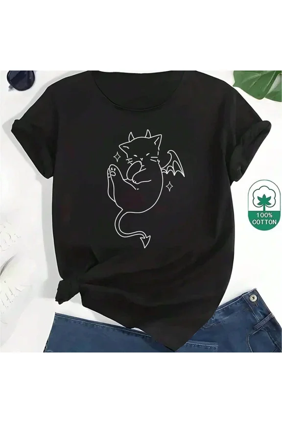 Soft T-Shirt - Demon Cat Print, Comfortable For Casual Summer Style