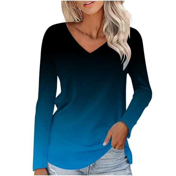 Soft T Shirts for Women Long Sleeve V Neck Plain Tshirts Casual Loose Fit Tunic Tops Spring Fall Basic Tees (Large, Blue 02)
