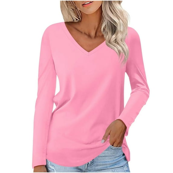 Soft T Shirts for Women Long Sleeve V Neck Plain Tshirts Casual Loose Fit Tunic Tops Spring Fall Basic Tees (Large, Pink)