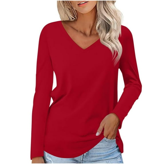 Soft T Shirts for Women Long Sleeve V Neck Plain Tshirts Casual Loose Fit Tunic Tops Spring Fall Basic Tees (X-Large, Red)