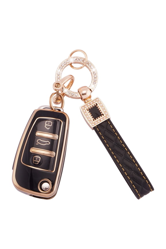 Soft TPU 3-Button Flip Key Fob Cover with Genuine Leather Keychain for Audi A1 A3 A4 A6 A8 Quattro Q3 Q7 S3 S6 RS3 RS6 R8 TT TTS Remote