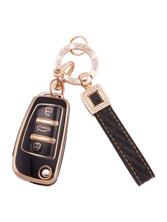 Soft TPU 3-Button Flip Key Fob Cover with Genuine Leather Keychain for Audi A1 A3 A4 A6 A8 Quattro Q3 Q7 S3 S6 RS3 RS6 R8 TT TTS Remote