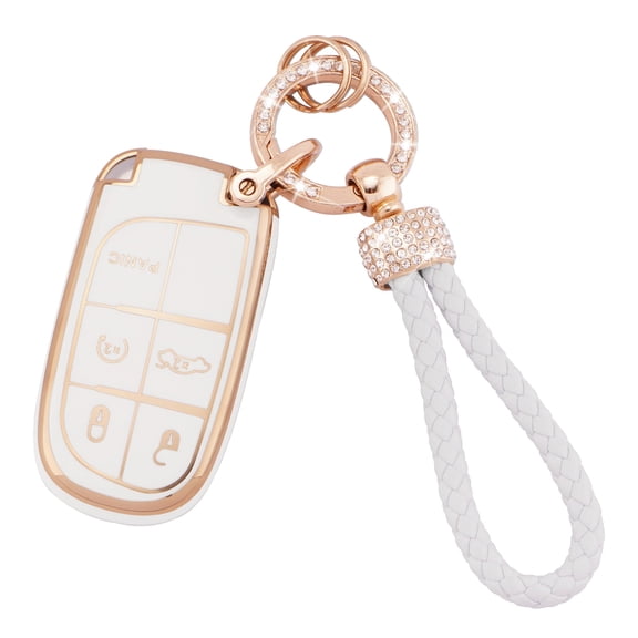Soft TPU 5 Button White Key Fob Case with Keychain for Jeep Grand Cherokee Compass Renegade Cherokee Durable Protective Cover with Clean Finish and Secure Fit Design