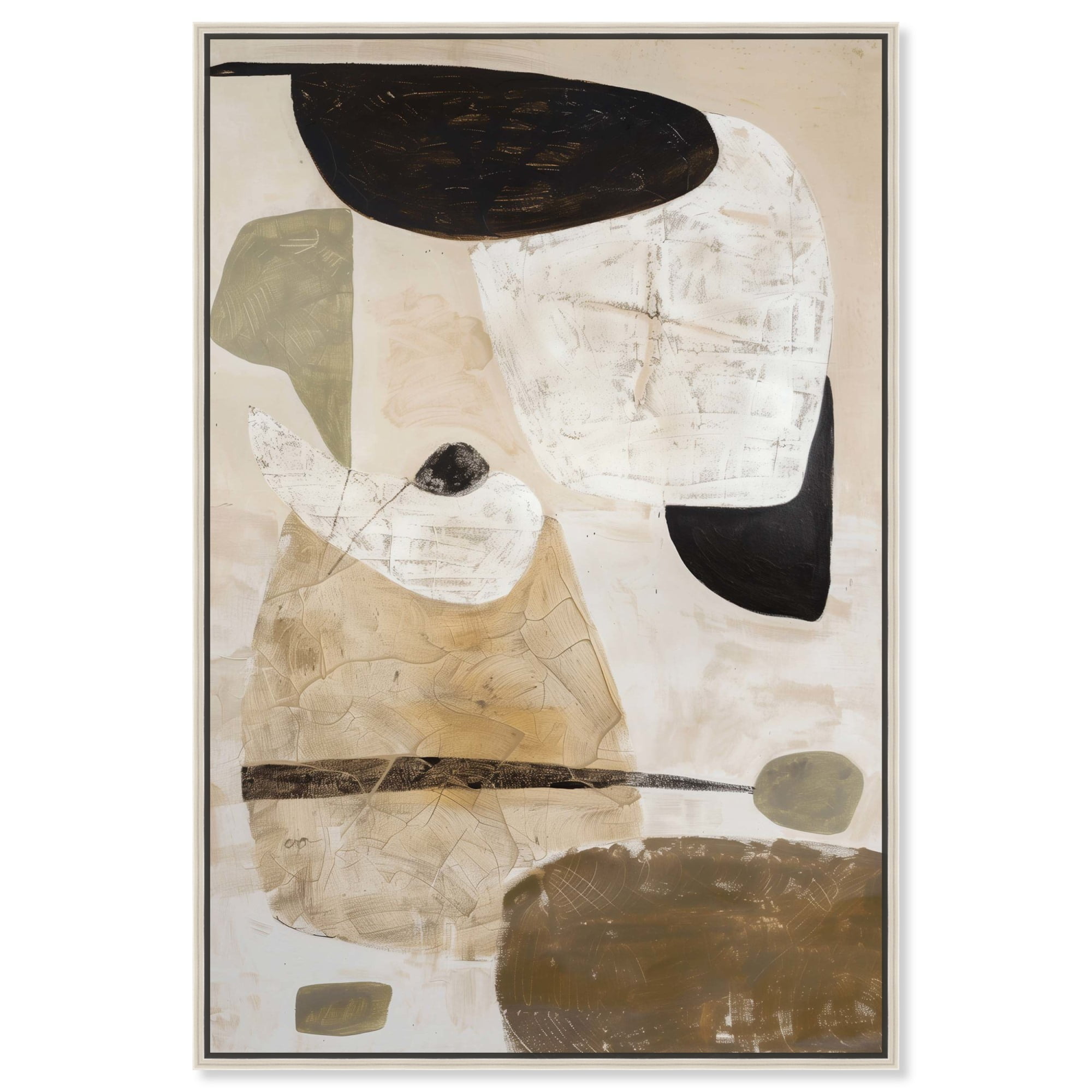 Soft Tans and Black Abstract Canvas Wall Art with Silver Frame