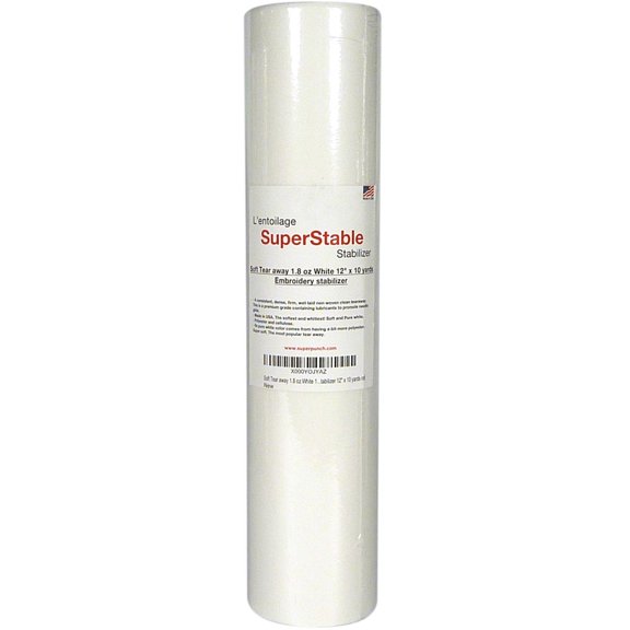 Soft Tear Away Stabilizer White 1.8 oz 12 inch x 10 Yard Roll. SuperStable Embroidery Stabilizer Backing