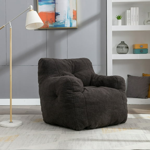 Soft Teddy Fabric Bean Bag Chair, Tufted Foam Floor Sofa for Adults, Cozy Lounge Seat for Gaming, Reading, Watching TV in Living Room or Bedroom (Dark Gray)