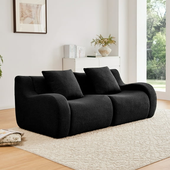 Soft Teddy Fabric Boneless Sofa With 32D High Density Sponge, No Assembly Required Modern Design For Living Room And Bedroom, Anti-Slip Base In Black