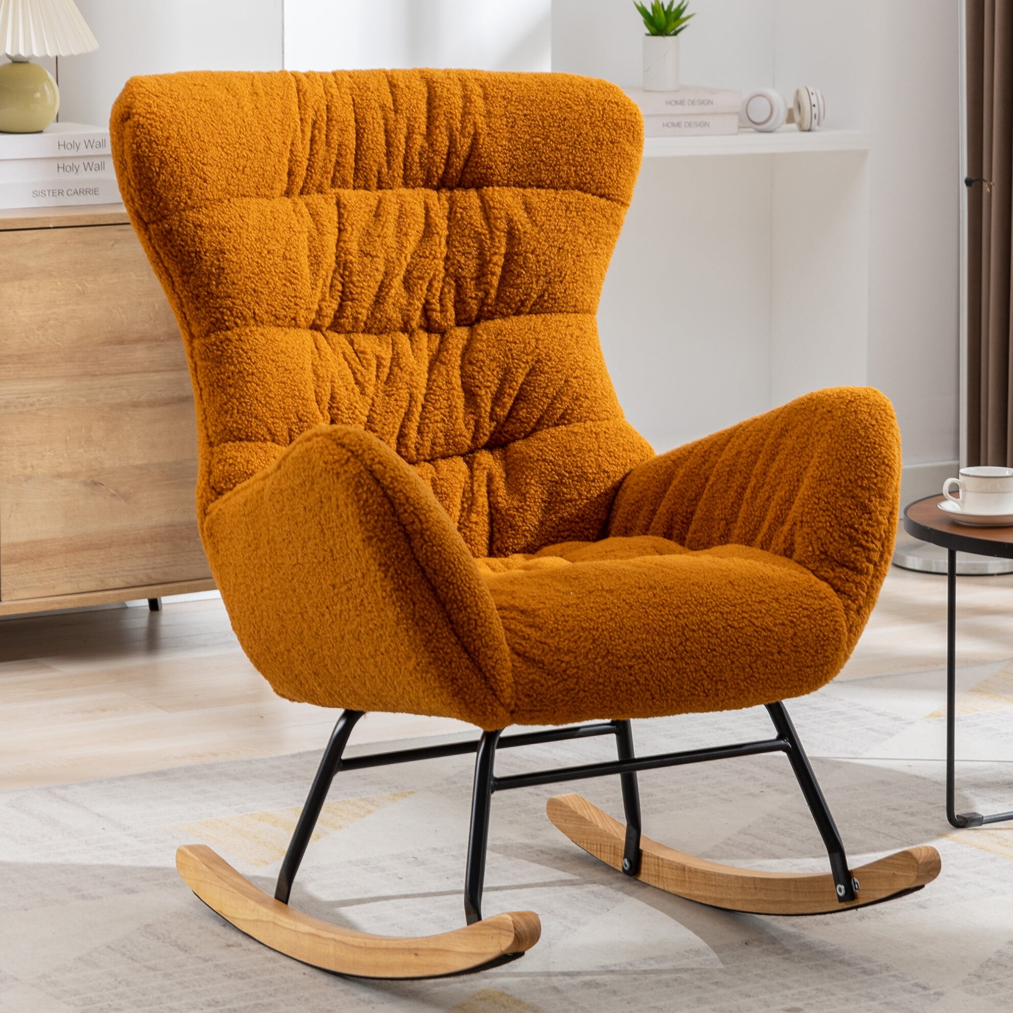 Soft Teddy Fabric Rocking Chair, Upholstered Chair with Wooden Frame ...