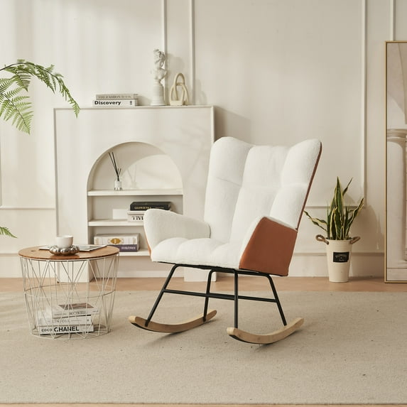Soft Teddy Fabric Rocking Chair, Upholstered Glider Chair with High Backrest and Wooden Legs, Nap Armchair for Nursery Living Room Bedroom Balcony, White+Orange