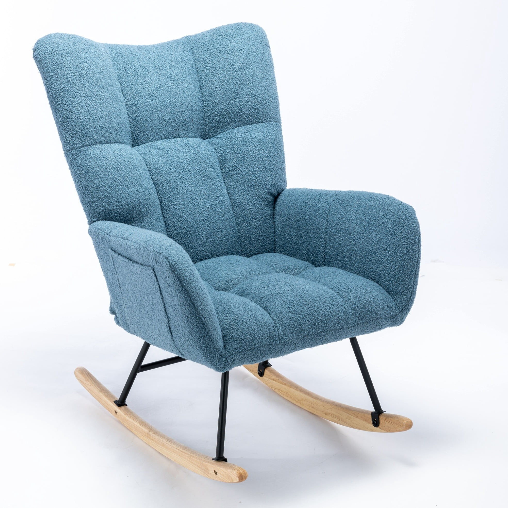 Blue Teddy Fabric Rocking Chair with Pocket, High Backrest for Nursery ...