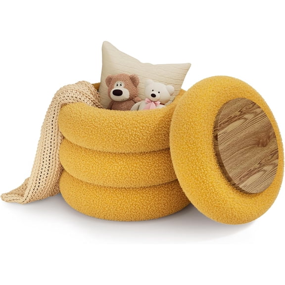 Soft Teddy Round Ottoman with Tray, 17.5 Inches Ottoman Coffee Table with Storage for Living Room, Vanity Stool with Storage Bedroom, Load up to 300 lb, No Assembly Required (Yellow)