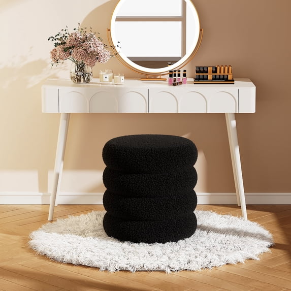 Soft Teddy Round Storage Ottoman with Tray, 17.5 Inch Multi-Purpose Footrest Vanity Stool, 300 LB Capacity, No Assembly Required, Black