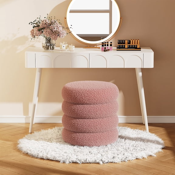 Soft Teddy Round Storage Ottoman with Tray, 17.5 Inch Multi-Purpose Footrest Vanity Stool, 300 LB Capacity, No Assembly Required, Dusty Pink