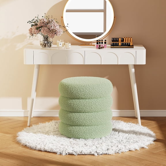 Soft Teddy Round Storage Ottoman with Tray, 17.5 Inch Multi-Purpose Footrest Vanity Stool, 300 LB Capacity, No Assembly Required, Green