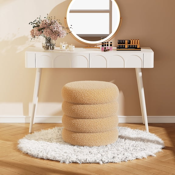 Soft Teddy Round Storage Ottoman with Tray, 17.5 Inch Multi-Purpose Footrest Vanity Stool, 300 LB Capacity, No Assembly Required, Light Brown