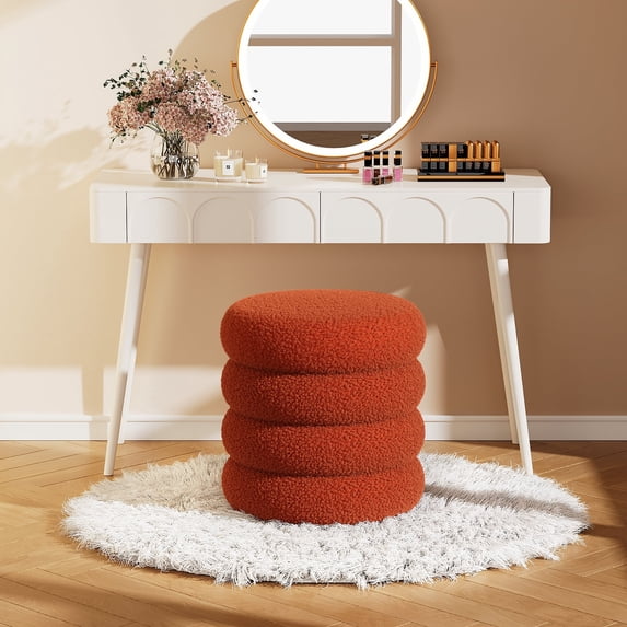 Soft Teddy Round Storage Ottoman with Tray, 17.5 Inch Multi-Purpose Footrest Vanity Stool, 300 LB Capacity, No Assembly Required, Red