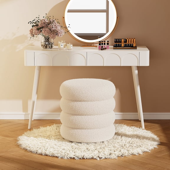 Soft Teddy Round Storage Ottoman with Tray, 17.5 Inch Multi-Purpose Footrest Vanity Stool, 300 LB Capacity, No Assembly Required, White