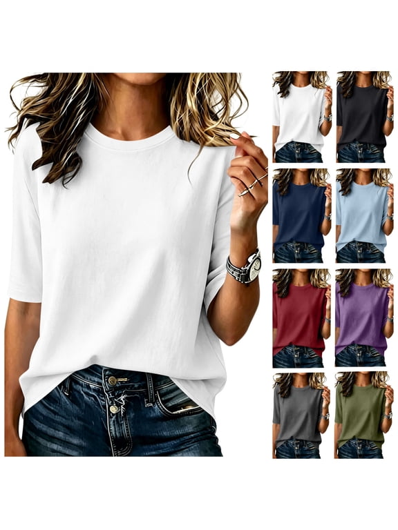 Womens Tee Shirts White Half Sleeve Tshirts Plain Crew neck All-season Size L