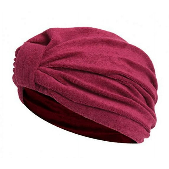 Soft Terry Cloth Turban Head Cover with Reversible Knot or Button Front Adult, Unisex -Burgundy