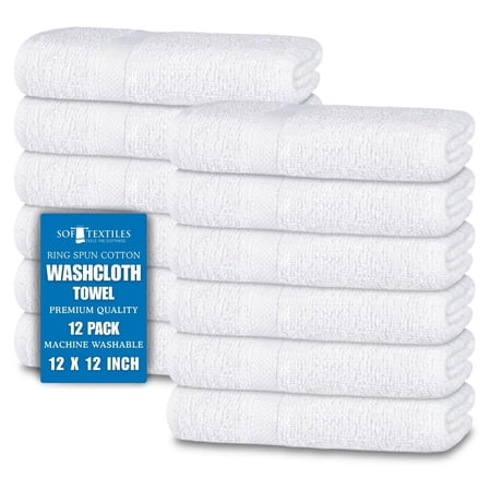 Soft Textiles Ring Spun Cotton Washcloth Set, Washcloths for Body and Face, Soft and Absorbent White Wash Cloths Made from 100% Cotton, 12-Pack, 12x12 Inch