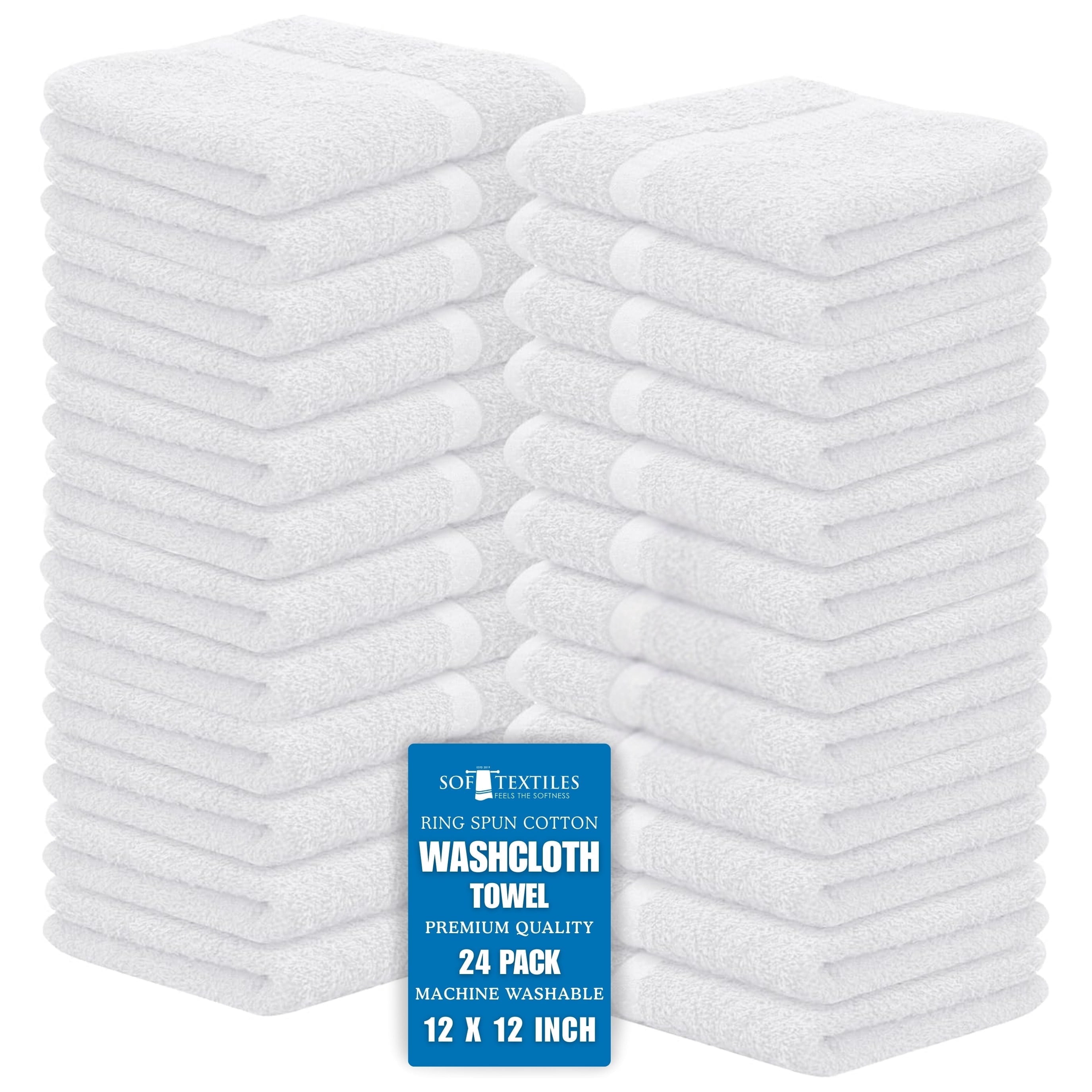 Soft Textiles Ring Spun Cotton Washcloth Set, Washcloths for Body and Face, Soft and Absorbent White Wash Cloths Made from 100% Cotton, 24-Pack, 12x12 Inch