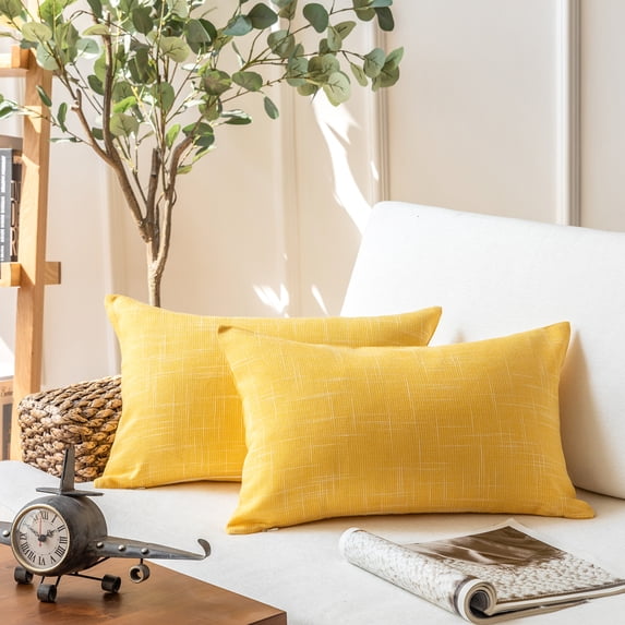 Soft Textured Linen Burlap Series Decorative Throw Pillow Covers, 12" x 20", Yellow, Set of 2