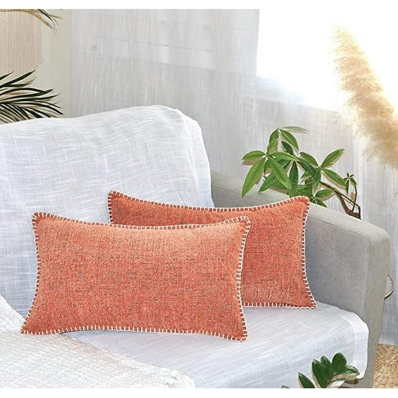 Soft Textured Lumbar Pillow Covers 12 x 20 inches Coral Orange Set of 2 |Decorative Stitched Edge Chenille Cushion Covers | Modern Accent Small Pillow Cases