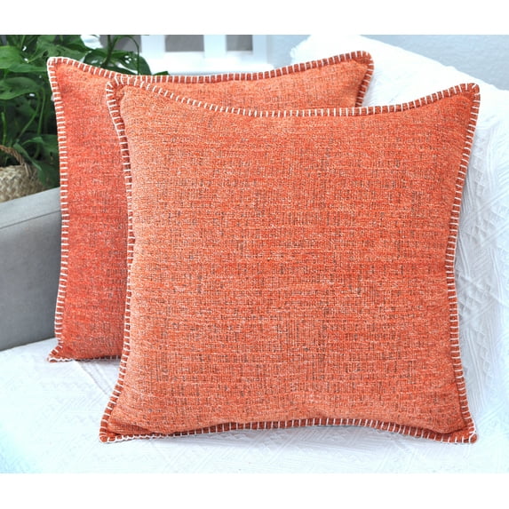 Soft Textured Throw Pillow Covers 20x20 inch Coral Orange, Set of 2 | Trimmed Edge Chenille Large Farmhouse Cushion Covers | Modern Pillow Cases for Couch Living Room, Bed