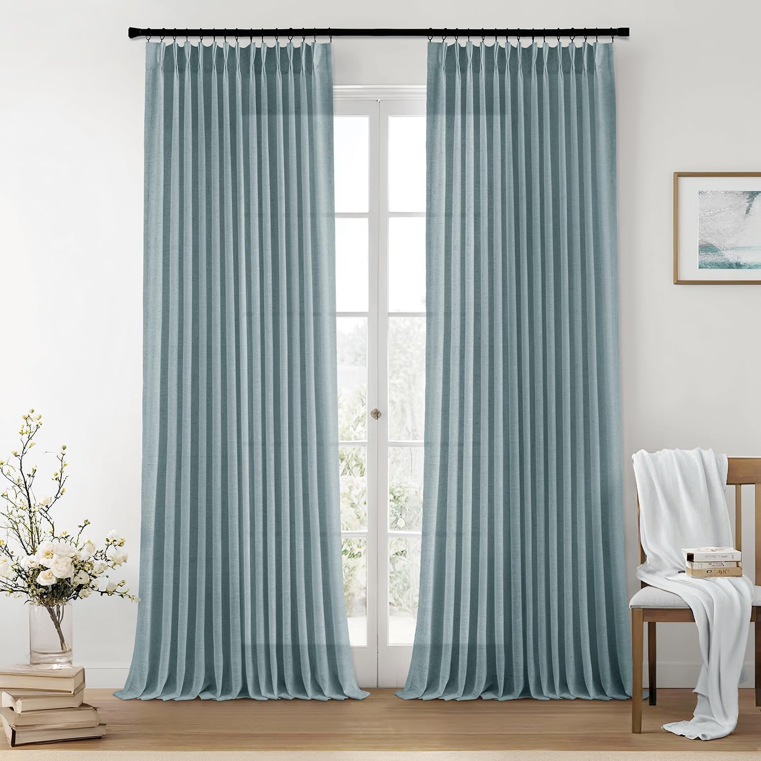 Soft Thick Linen Textured Pinch Pleated Stone Blue Curtains 90 Inches ...