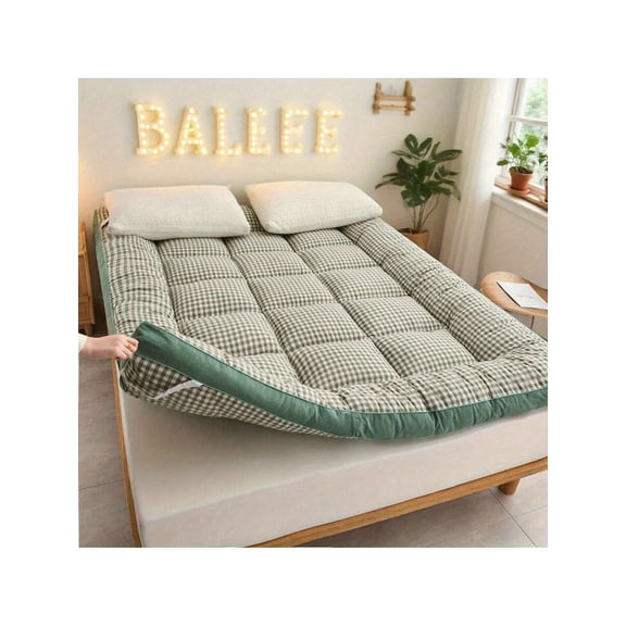 Soft Thicked Mattress Topper - Checked Flannel Bubble Breathable Fiber Filling Folding Roll Up Mattress Sleeping Pad, Comfort 6-8cm Thickness Quilted Mattress Topper For Sleeping