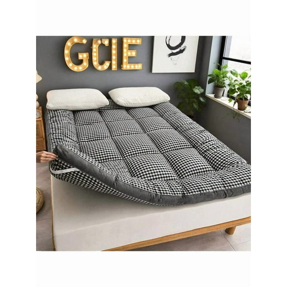 Soft Thicked Mattress Topper - Checked Flannel Bubble Breathable Fiber Filling Folding Roll Up Mattress Sleeping Pad, Comfort 6-8cm Thickness Quilted Mattress Topper For Sleeping