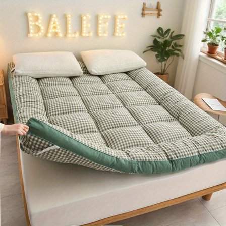 Soft Thicked Mattress Topper - Checked Flannel Bubble Breathable Fiber Filling Folding Roll Up Mattress Sleeping Pad, Comfort 6-8cm Thickness Quilted Mattress Topper For Sleeping
