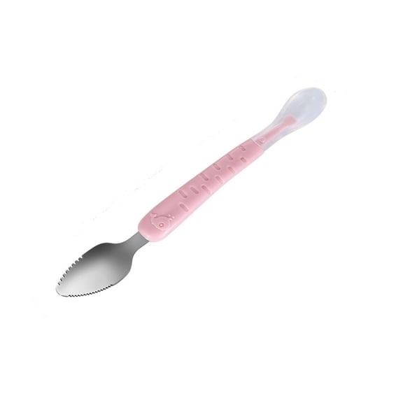 Soft-Tip Baby Food Spoon with Double-Sided Scraper, 304 Stainless Steel, Rounded Edges for Safe Feeding - Pink