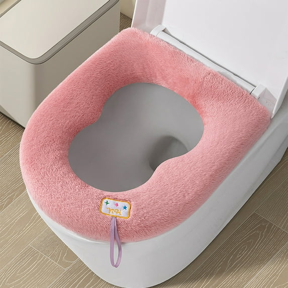 Soft Toilet Seat Cover - P & Thick Fabric Toilet Seat Warmer for Round Toilet Seats - Reusable, Machine-Washable, Easy-Install,16.54x14.57in (Pink)