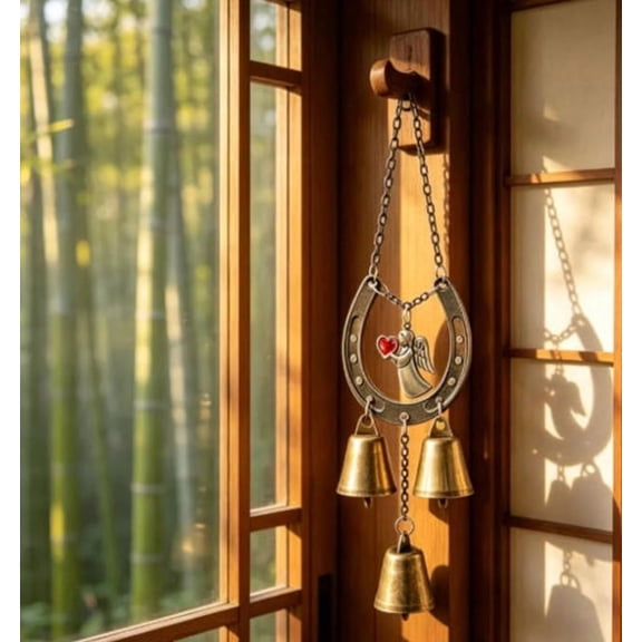 Soft Tone Angel Horseshoe Wind Chime Antique Brass Bell Hanging Ornament Indoor Front Porch Window Fall Harvest Seasonal Home Wall Decor Accessory