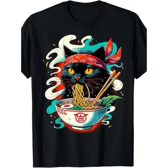 Soft Touch Cotton Men's Fashion Trend Cat Ramen Japanese Animation Cute Cat T-Shirt, Casual Letter Printed Crew Neck