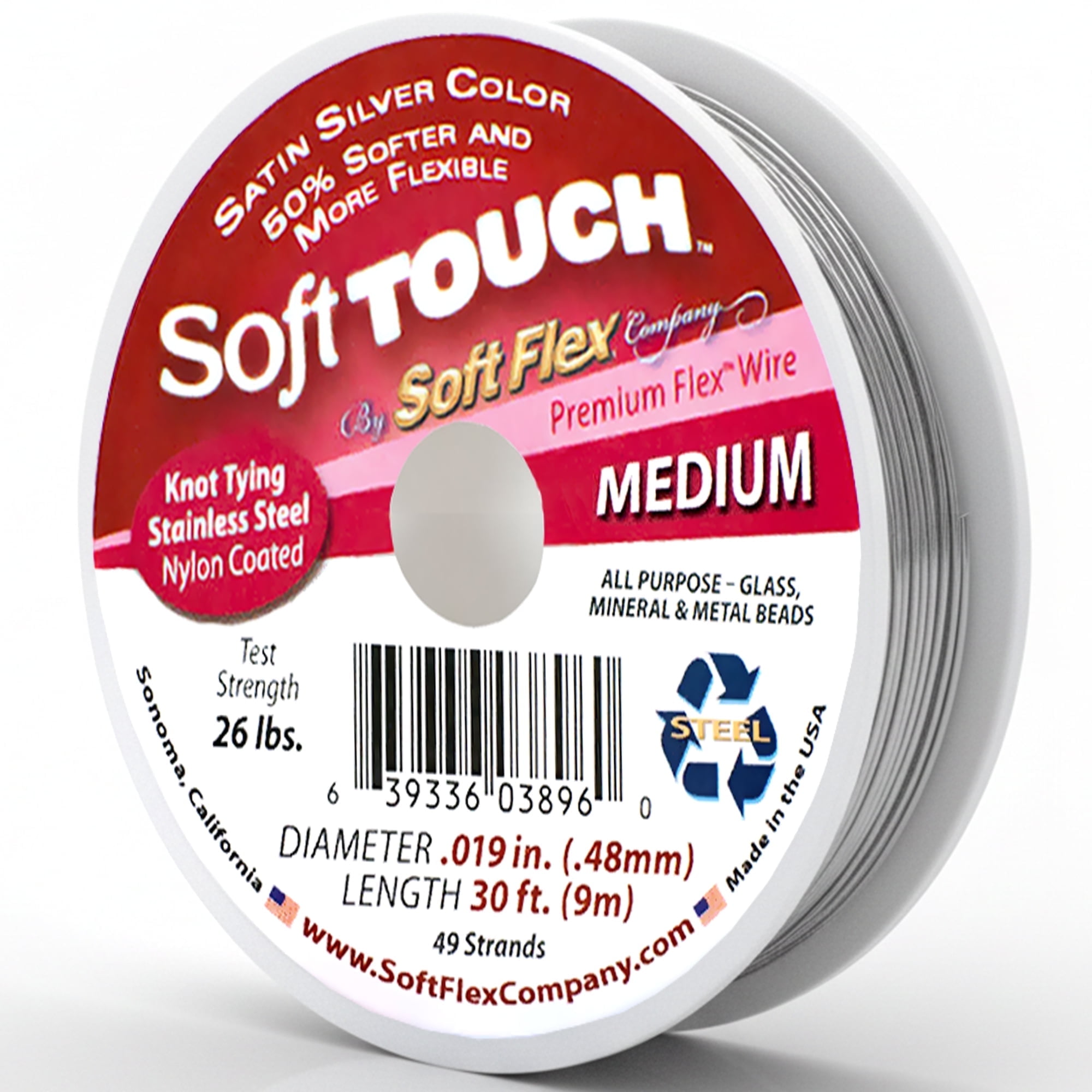 Soft Flex 49-Strand Medium Beading Wire, STW, Satin Silver, 0.019" x 30ft