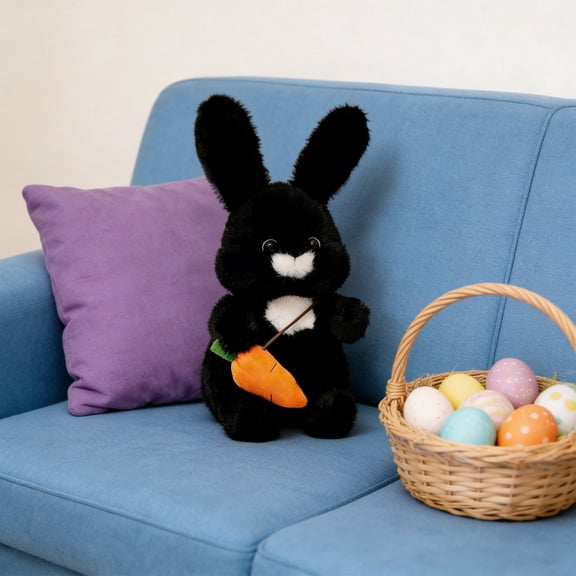 Soft Toy - Sitting Cute Rabbit, Easter Bunny Black Rabbit Stuffed Bunny Animal with Carrot Soft Lovely Realistic Long-Eared Standing Black Plush Toys, Easter Gifts (Black-Carrot, 11.8inch/30cm)