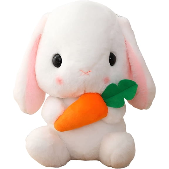 Soft Toy - Sitting Lop Eared Rabbit, Easter White Rabbit Stuffed Bunny Animal with Carrot Soft Lovely Realistic Long-Eared Standing Pink Plush Toys (White-Carrot,8.6in/22cm)