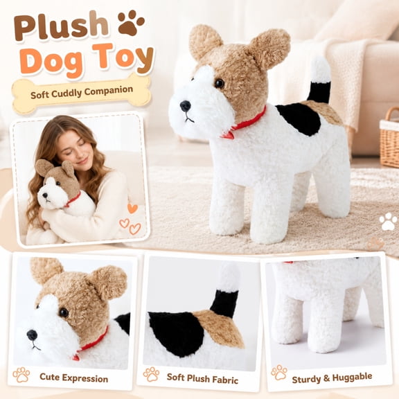 Soft Toys, Nursery Decor, Student Shower Gift with Classic Red Collar, 12X12X5 in Fluffy Multi-Color Dog Stuffed Animal, Durable Reinforced Seams That Hold Up Well to Daily