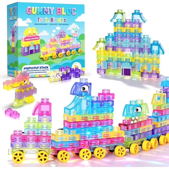 Soft Train Building Blocks with Wheels, 42 PCS Montessori Sensory Stacking Blocks, Squeezable, Stretchable & Stackable Tactile Toys, Preschool Creative Play for Kids