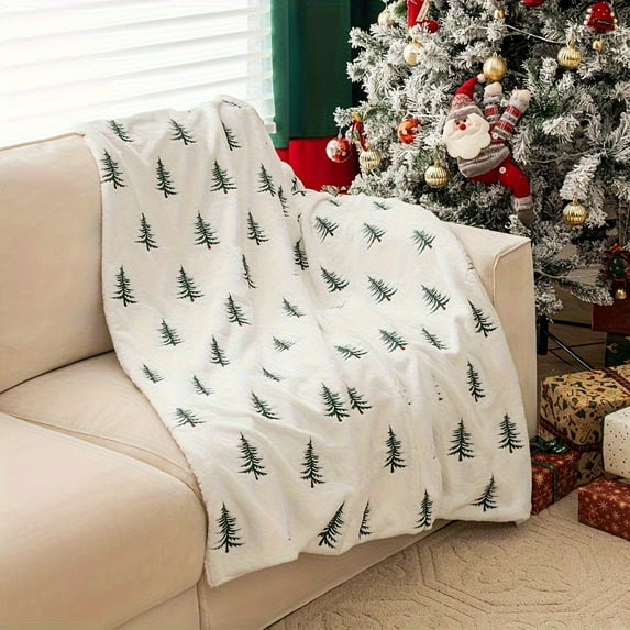 Soft Tree Print Plush Blanket - White Black Pine Design, All-Season Cozy Throw for Indoor & Outdoor Use, Machine Washable Geometric Pattern, Perfect for Camping and Naps