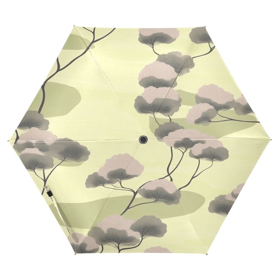 Soft Trees on Yellow Background Folding Umbrella UV50+ Waterproof Sun Protection Auto Open Close Compact Fiberglass Frame